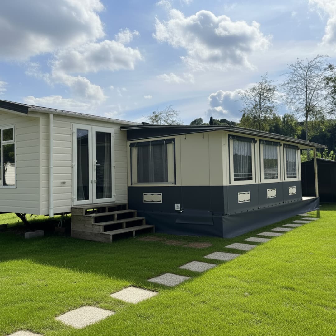 Comfortabele stacaravan met drie slaapkamers en overdekt terras te huur aan het meer op een camping in de Ardennen