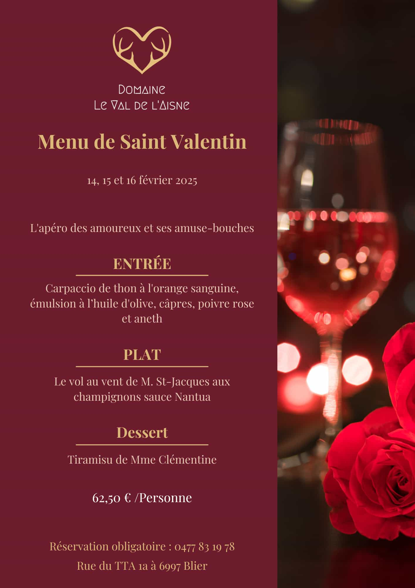 Menu de Saint Valentin Camping Le Val de l'Aisne en ardenne