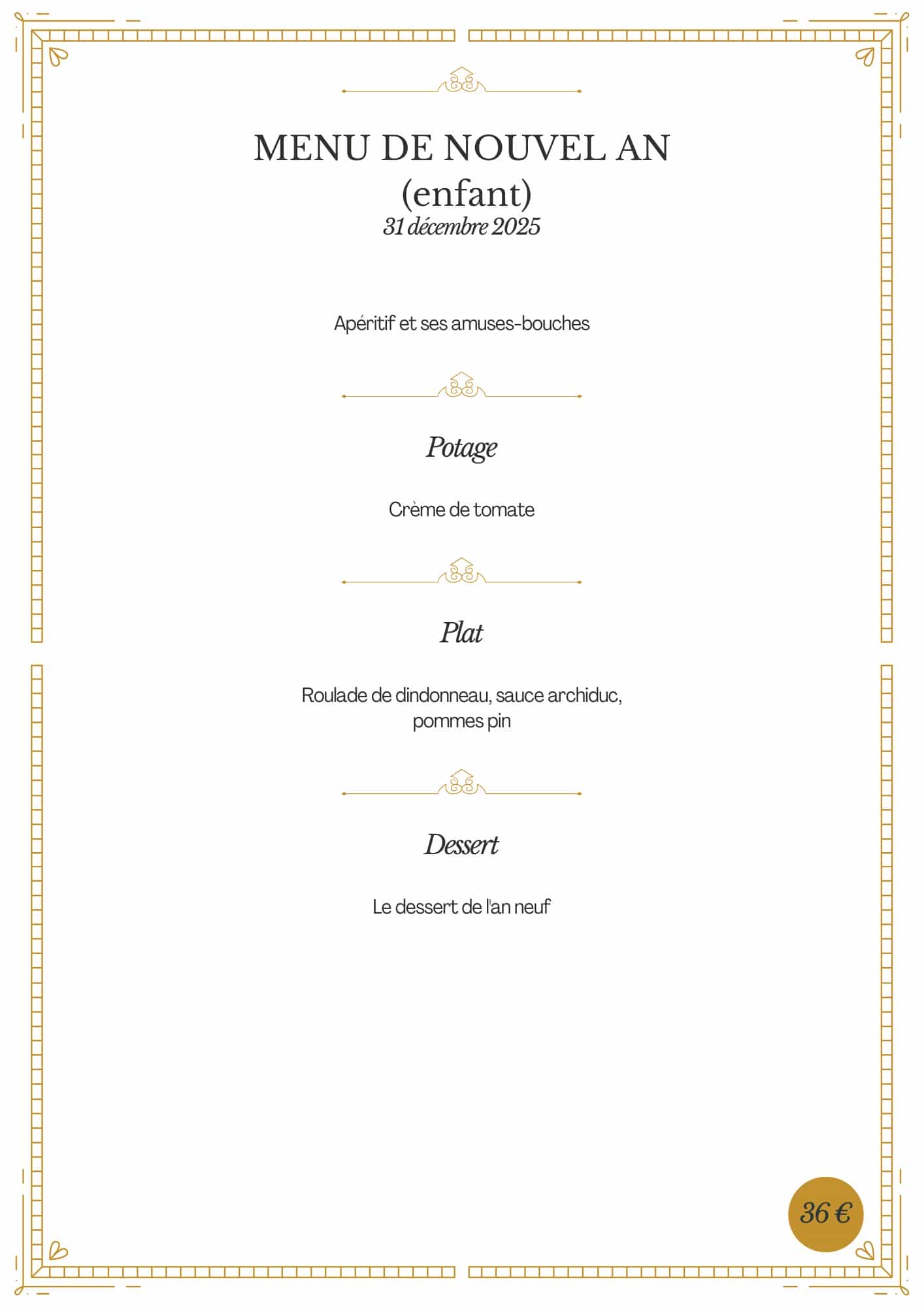 Menu pour enfant du réveillon de nouvel an 2026 au camping Le Val de l'Aisne en Ardenne