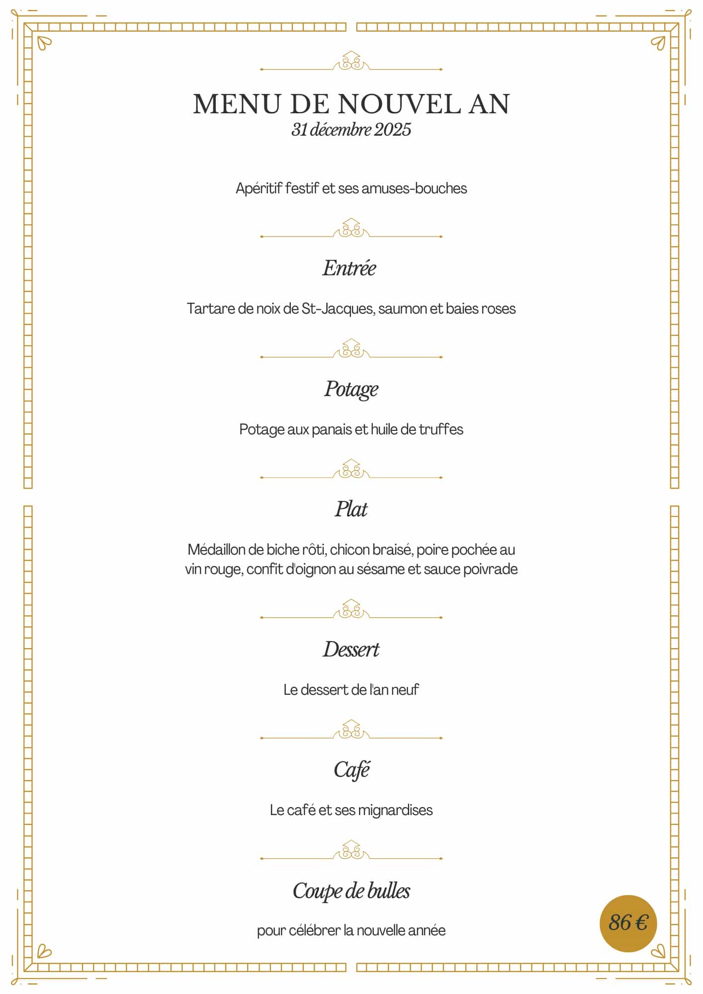 Menu du réveillon de nouvel an 2026 au camping Le Val de l'Aisne en Ardenne