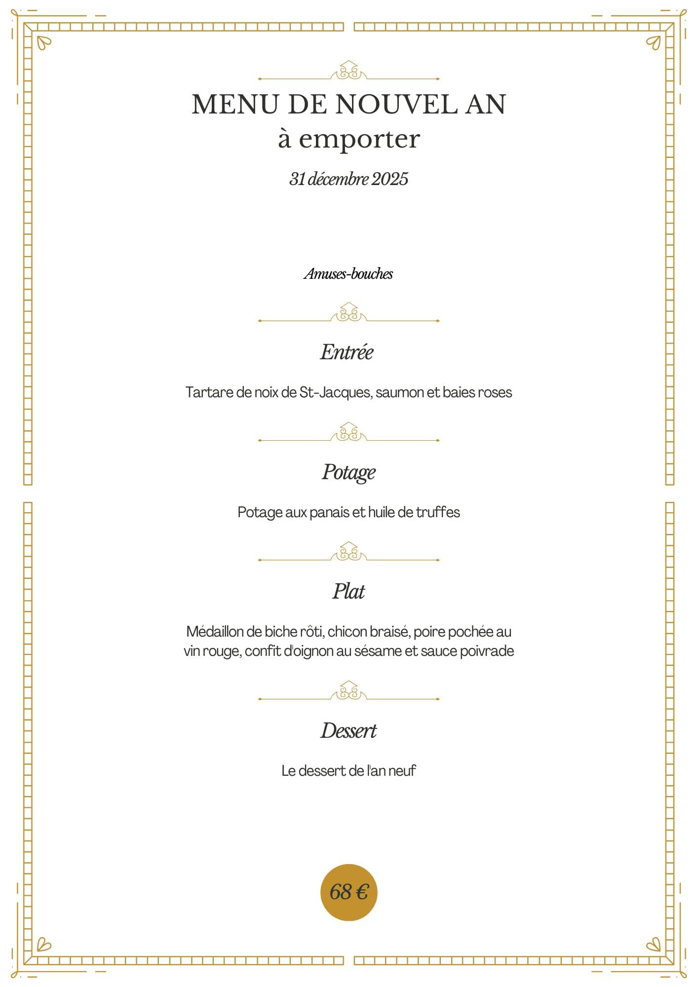 Menu de nouvel An à emporter camping Le Val de l'Aisne dans les Ardennes belges