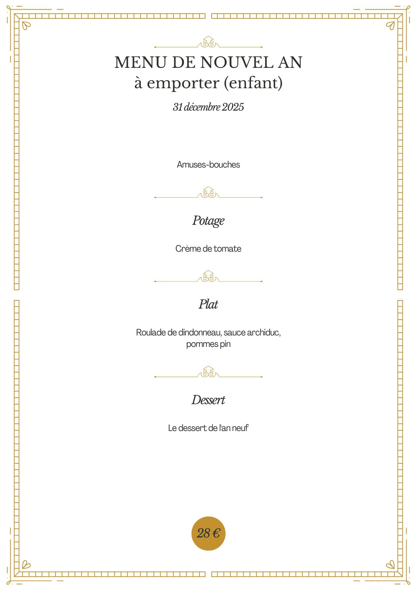 Menu de nouvel An pour enfant à emporter camping Le Val de l'Aisne dans les Ardennes belges